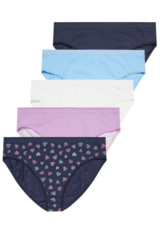YOURS 5 PACK Plus Size Navy Blue Heart Print High Leg Knickers | Yours Clothing 5