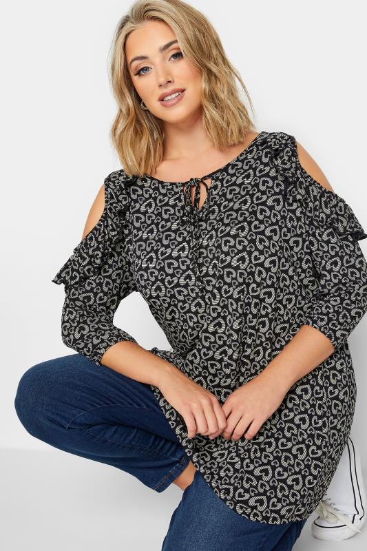 YOURS Plus Size Black Heart Print Cold Shoulder Top | Yours Clothing 4