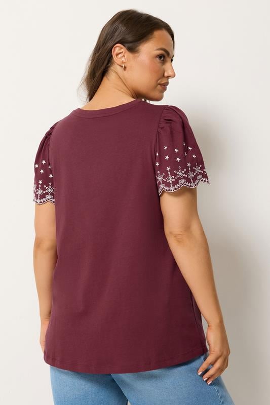 YOURS Plus Size Burgundy Red Embroidered Sleeve T-Shirt | Yours Clothing 2