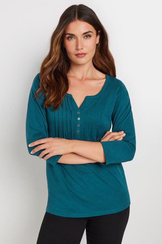 LTS Tall Teal Blue Cotton Henley Top | Long Tall Sally 1