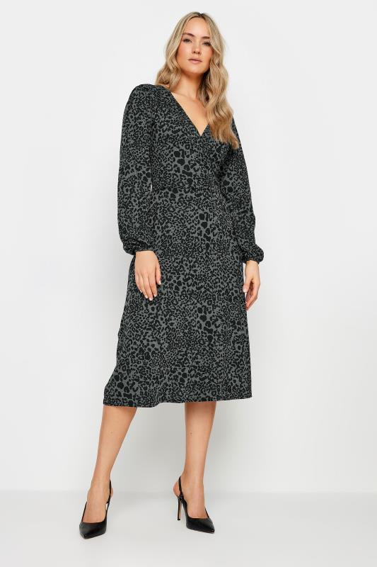 Grande Taille LTS Tall Charcoal Grey Leopard Print Midi Wrap Dress