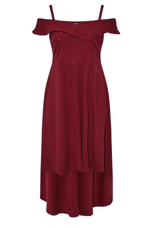 YOURS LONDON Plus Size Curve Red Glitter Bardot High Low Bridesmaid Dress | Yours Clothing 6