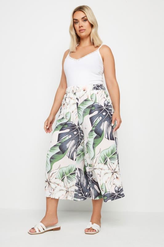 YOURS Plus Size Pink Tropical Print Wide Leg Cropped Trousers | Yours Clothing  2