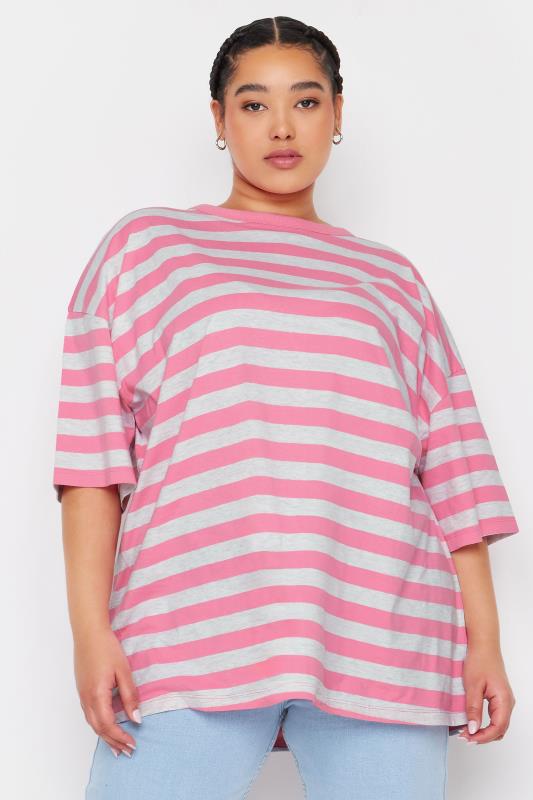  Grande Taille YOURS Curve Pink & Grey Stripe Oversized T-Shirt