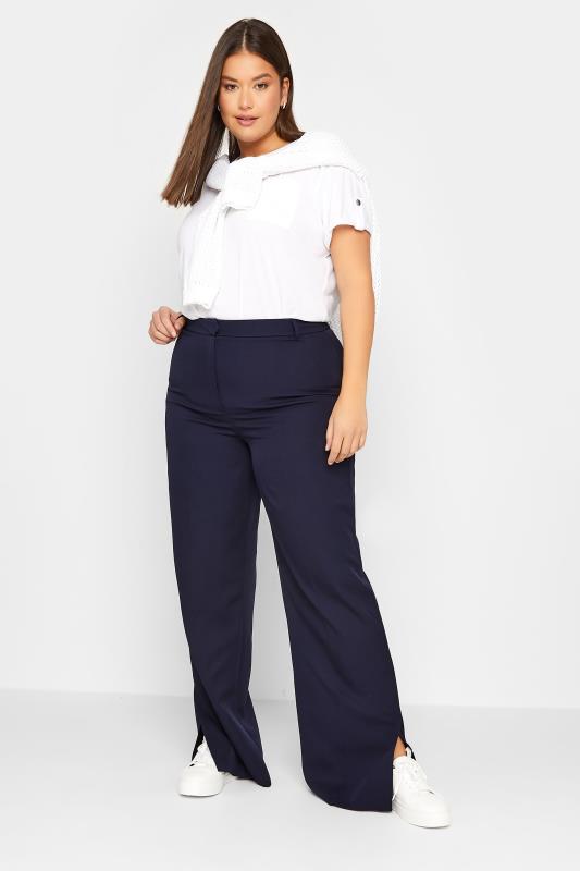 LTS Tall Women's Navy Blue Split Hem Wide Leg Trousers | Long Tall Sally 5