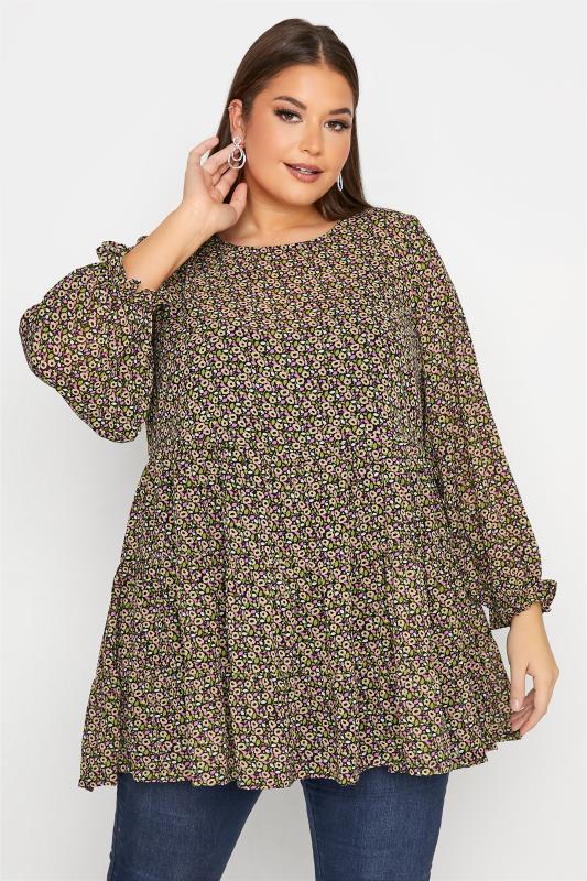 LIMITED COLLECTION Plus Size Black Floral Print Tiered Top| Yours Clothing  1