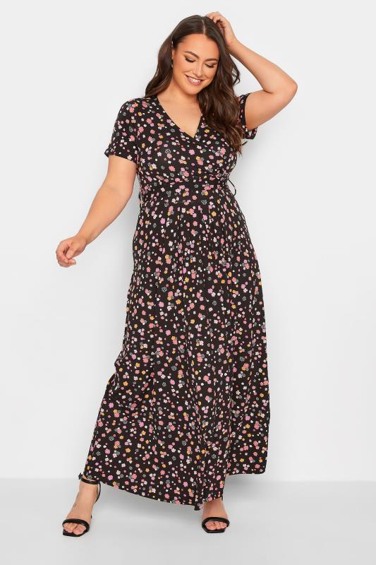 YOURS Curve Plus Size Black Ditsy Floral Wrap Dress | Yours Clothing  1