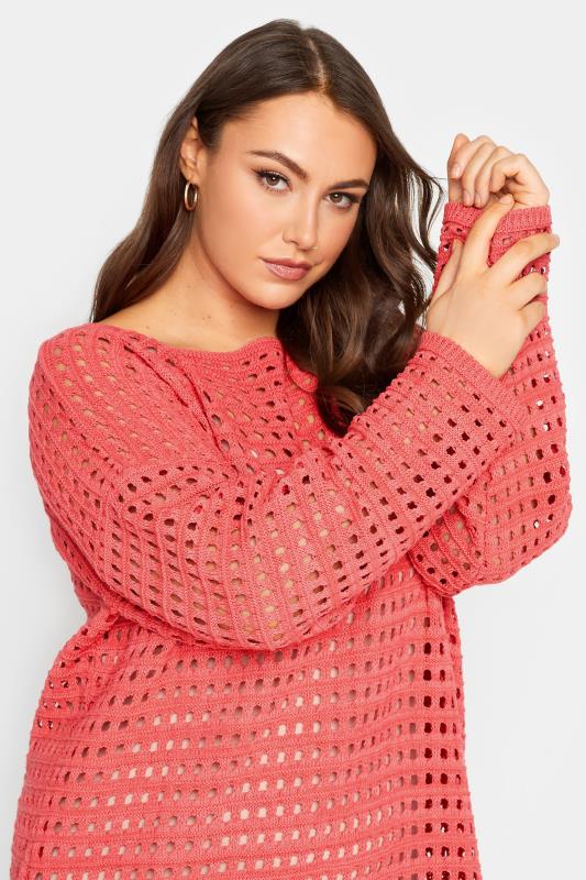 YOURS Plus Size Pink Crochet Tunic Jumper | Yours Clothing  4