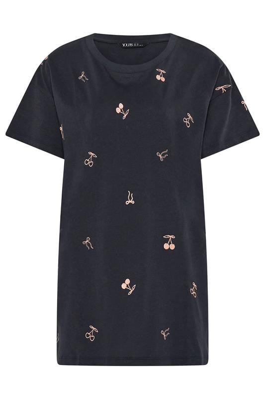 YOURS Plus Size Navy Blue Embroidered Cherry Bow T-Shirt | Yours Clothing 5