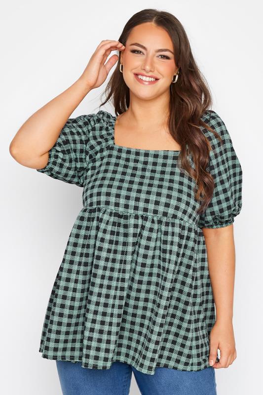 LIMITED COLLECTION Curve Green Gingham Square Neck Milkmaid Top 1