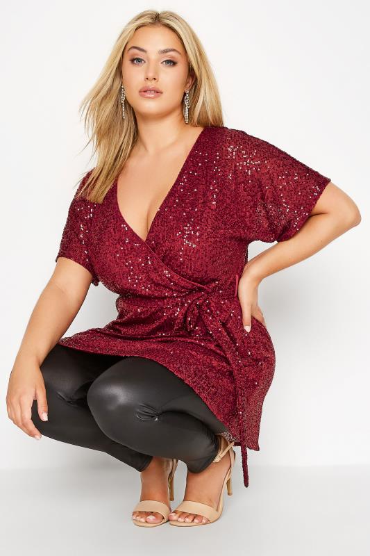 YOURS LONDON Plus Size Wine Red Sequin Embellished Wrap Top | Yours Clothing 4