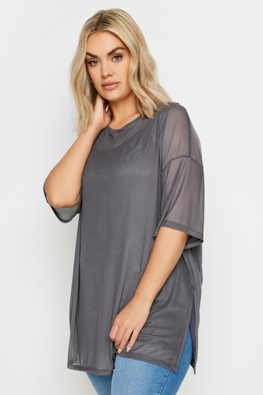 YOURS Plus Size Charcoal Grey Oversized Mesh Top | Yours Clothing 1