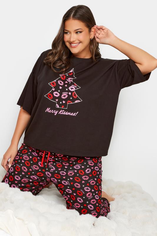 LIMITED COLLECTION Plus Size Curve Black Christmas Tree Print Pyjama Top | Yours Clothing  2