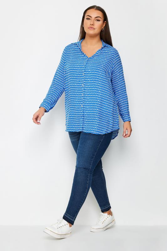 YOURS Plus Size Blue Geometric Print Button Through Shirt | Yours Clothing 2