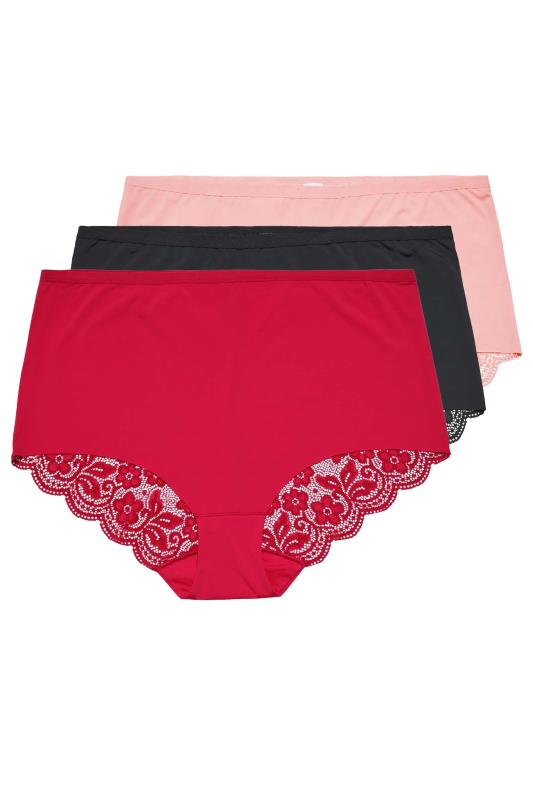 3 PACK Plus Size Red & Black Lace Back High Waisted Knickers | Yours Clothing 4