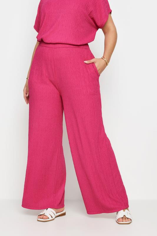 YOURS Plus Size Pink Crinkle Plisse Wide Leg Trousers | Yours Clothing 1