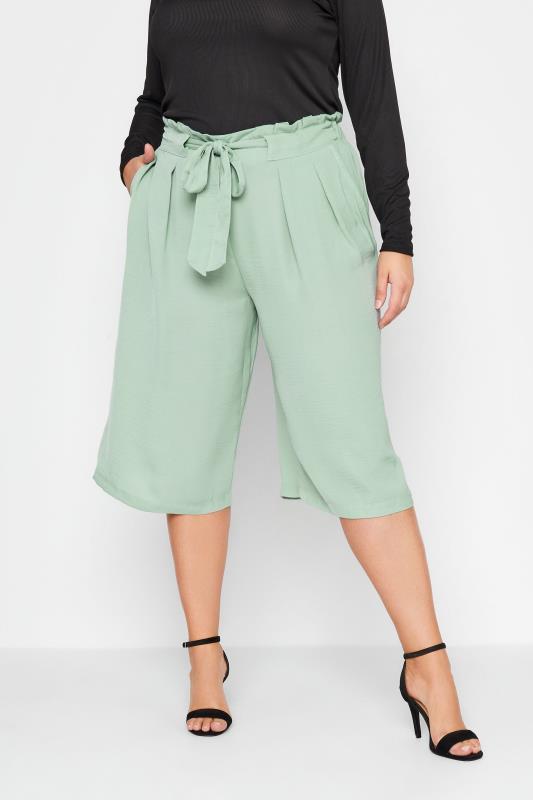 Plus Size Green Paperbag Twill Culottes | Yours Clothing  1