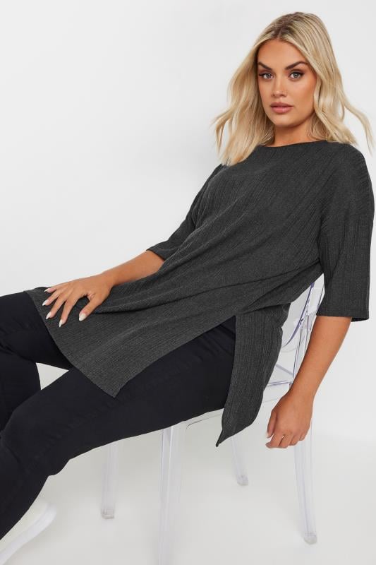  Grande Taille YOURS Curve Dark Grey Side Split Ribbed T-Shirt