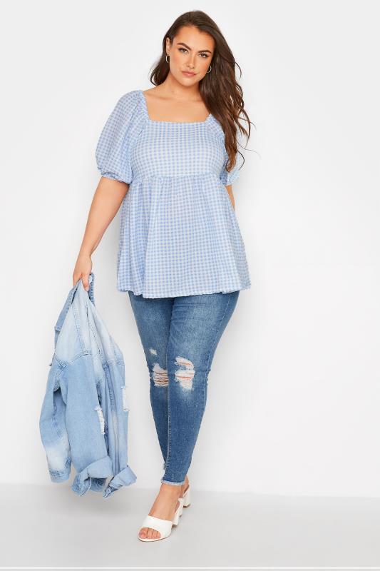 LIMITED COLLECTION Curve Light Blue Gingham Milkmaid Top_B.jpg