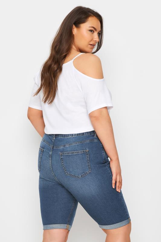 YOURS Plus Size Mid Blue Cat Scratch Stretch Denim Shorts | Yours Clothing 3