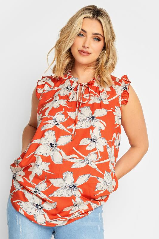 YOURS Plus Size Orange Floral Print Frill Neck Top | Yours Clothing 1