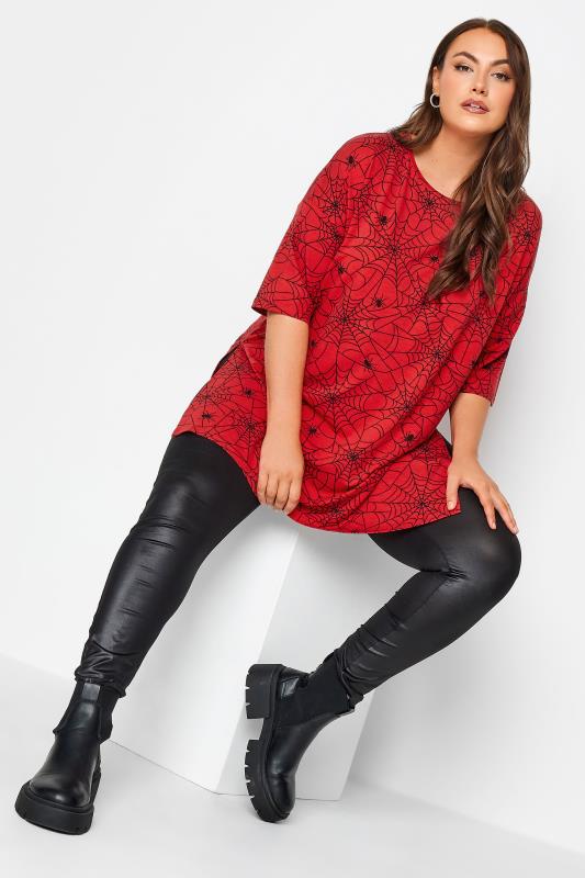 YOURS Curve Plus Size Red Cobweb Print Halloween T-Shirt | Yours Clothing  3