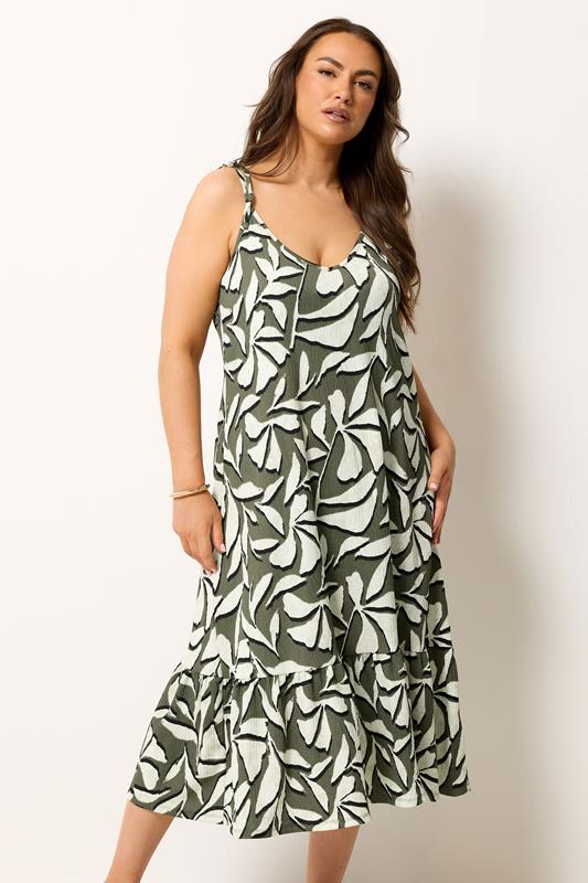  YOURS vestido de verano escalonado verde con estampado de hojas