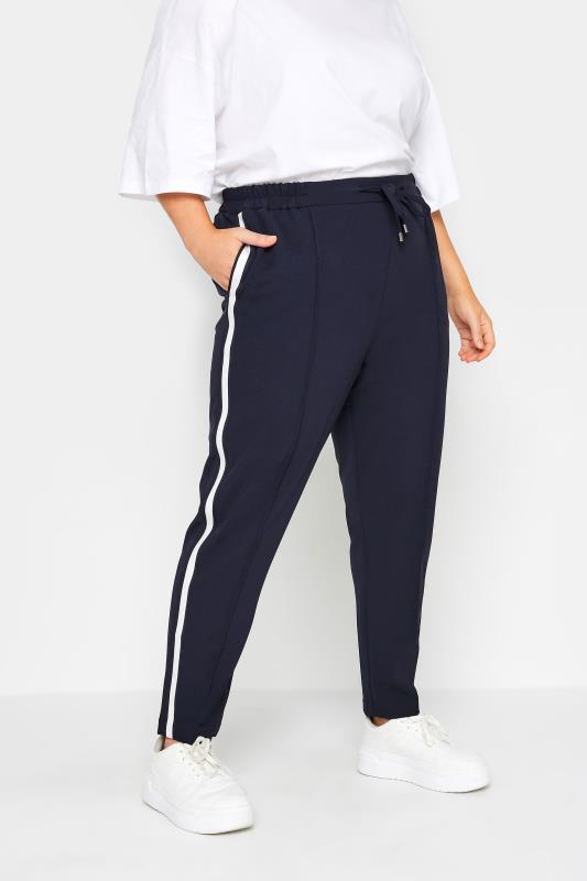 YOURS Plus Size Navy Blue Side Stripe Straight Leg Joggers | Yours Clothing 1