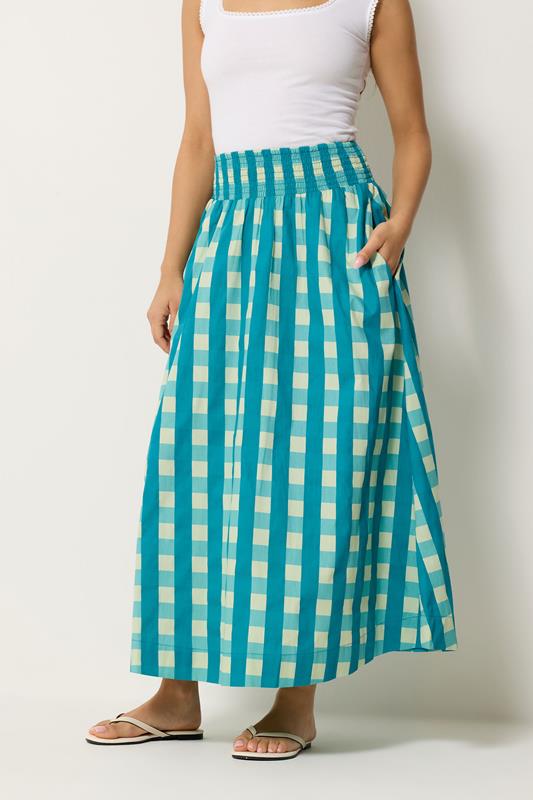 PixieGirl Petite Women's Teal Green Check Cotton Shirred Midi Skirt | PixieGirl 1