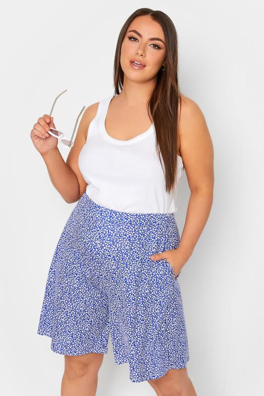 YOURS Plus Size Blue Ditsy Print Jersey Shorts | Yours Clothing 1