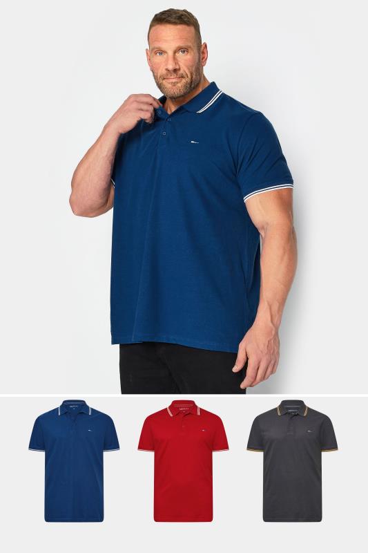 Men's  BadRhino Big & Tall Sodalite Blue/Haute Red/ Ebony Grey 3 Pack Tipped Polo Shirts