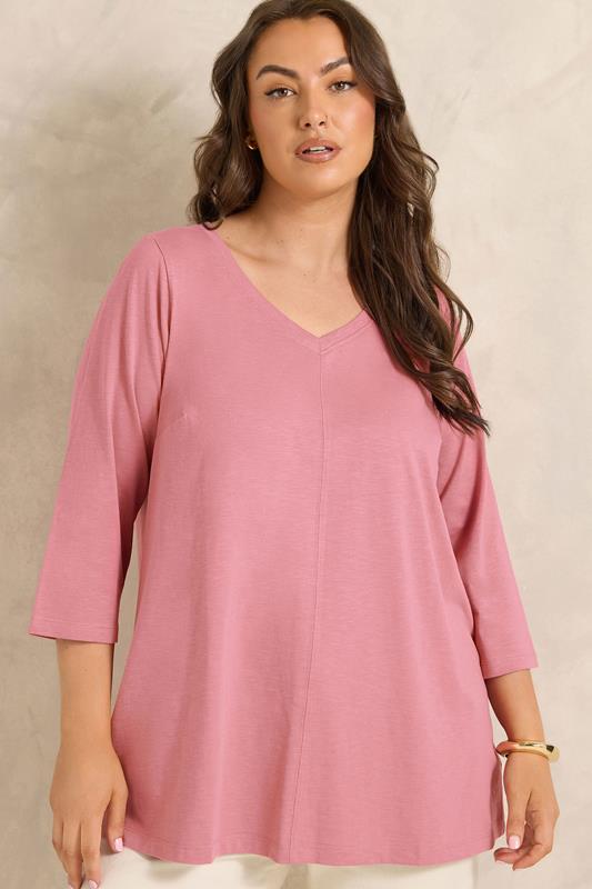 EVANS Plus Size Pink V-Neck Cotton Top | Evans 1