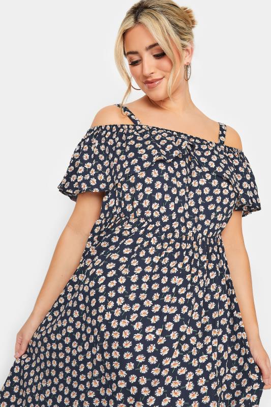 LIMITED COLLECTION Curve Navy Blue Daisy Print Cold Shoulder Dress | Yours Clothing  6