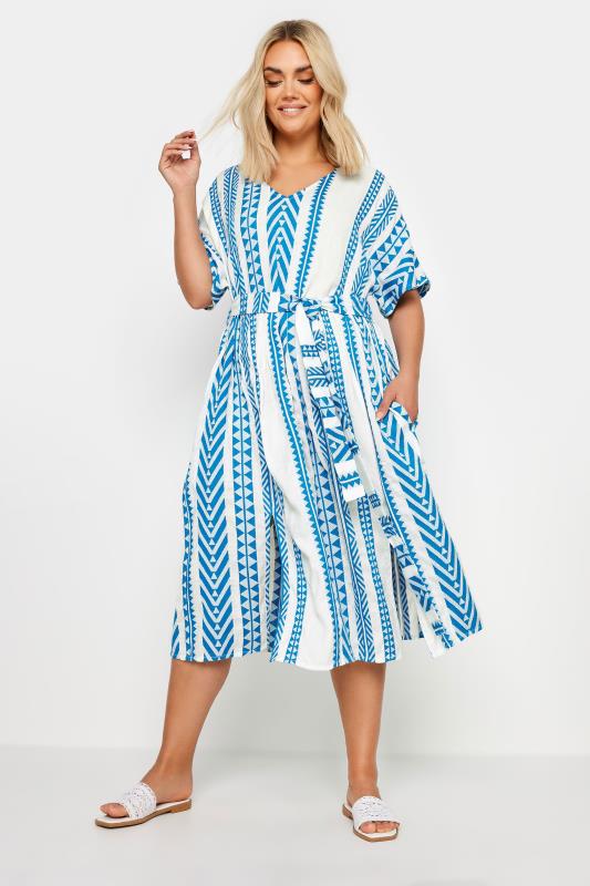 YOURS Plus Size Blue & White Aztec Print Embroidered Maxi Dress | Yours Clothing  2