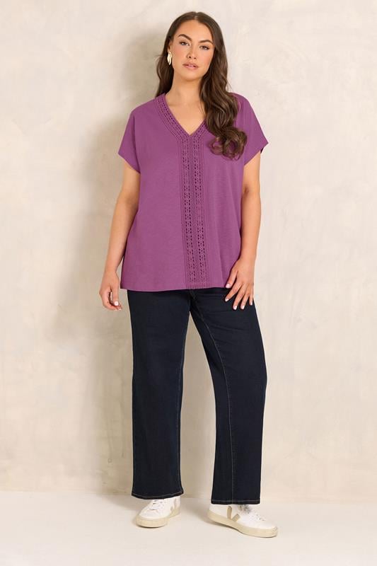 EVANS Plus Size Magenta Pink Cotton Crochet Trim Tee | Evans 1