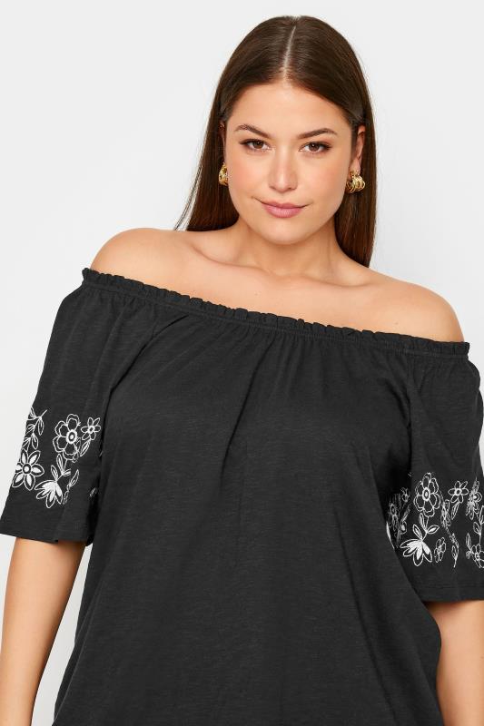 YOURS Plus Size Black Embroidered Detail Bardot Top | Yours Clothing 4