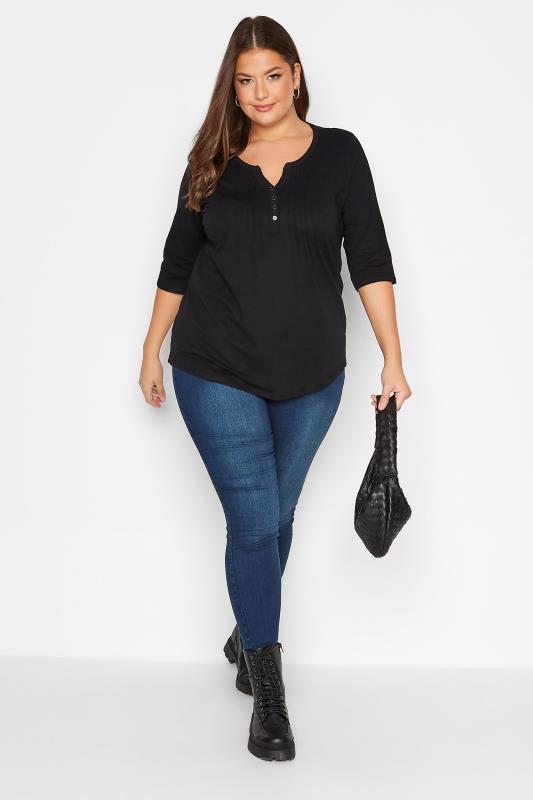 Plus Size YOURS FOR GOOD Black Pintuck Button Henley T-Shirt | Yours Clothing 2