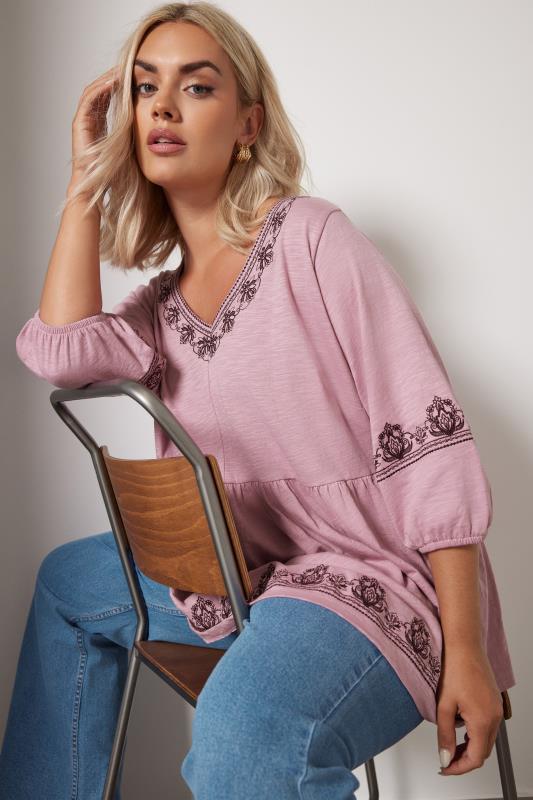  Grande Taille YOURS Curve Pink Embroidered Floral Smock Top