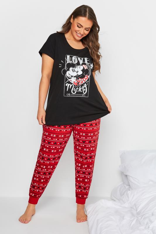 DISNEY Plus Size Red & Black Cuffed 'Love Mickey' Pyjama Set | Yours Clothing 2