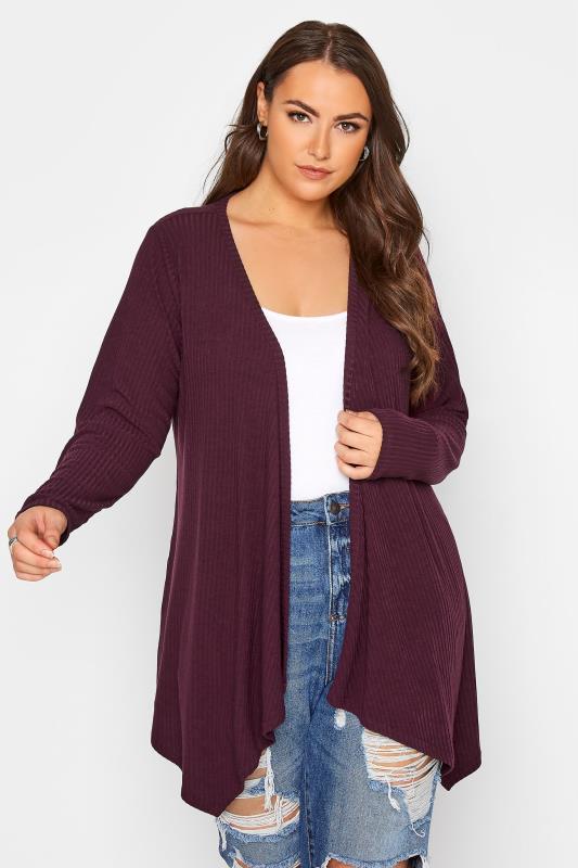  Curve Berry Red Ribbed Waterfall Cardigan