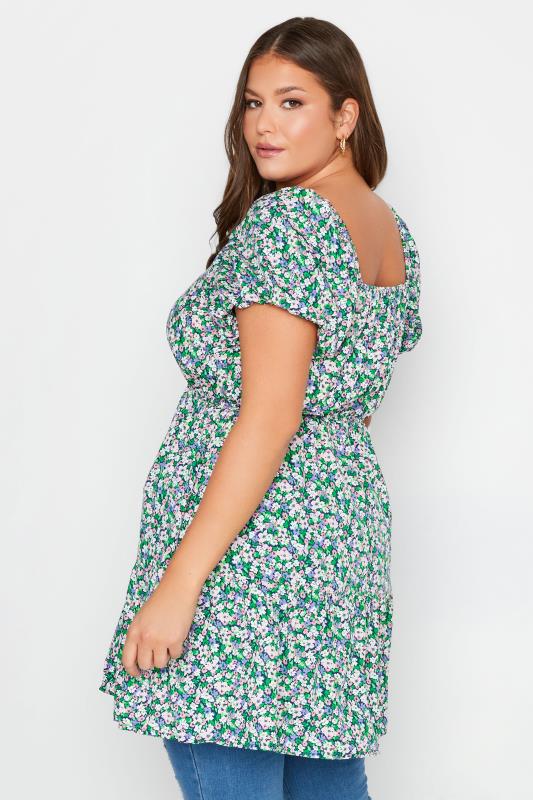 Curve Green Floral Puff Sleeve Button Tunic Top 3
