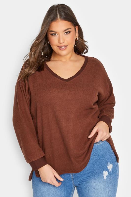 Plus Size  YOURS Curve Brown V-Neck Soft Touch Fleece Sweatshirt