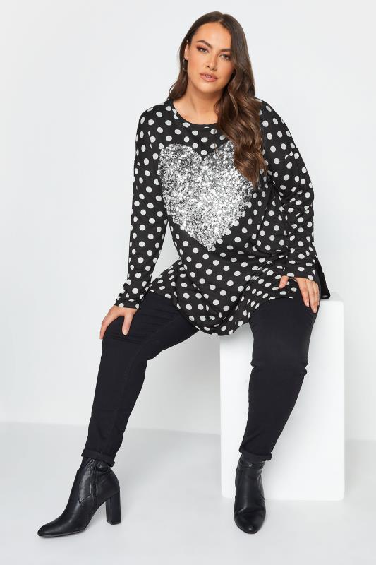 YOURS Curve Plus Size Black & Silver Sequin Polka Dot Top | Yours Clothing  2