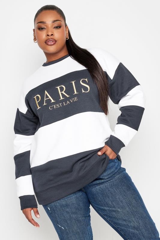 YOURS Plus Size Navy Blue 'Paris' Stripe Print Sweatshirt | Yours Clothing 1
