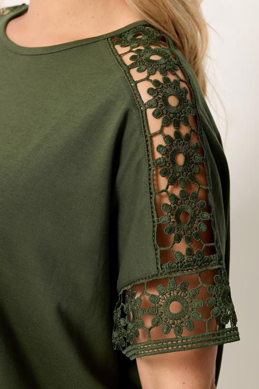 YOURS Curve Khaki Green Crochet Sleeve Boxy T-Shirt | Yours Clothing 4