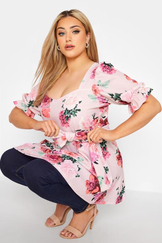 YOURS LONDON Curve Pink Floral Puff Sleeve Peplum Top 4