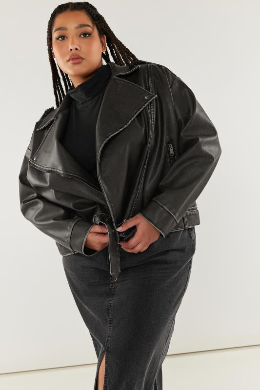 YOURS Plus Size Black Washed Faux Leather Biker Jacket | Yours Clothing 1