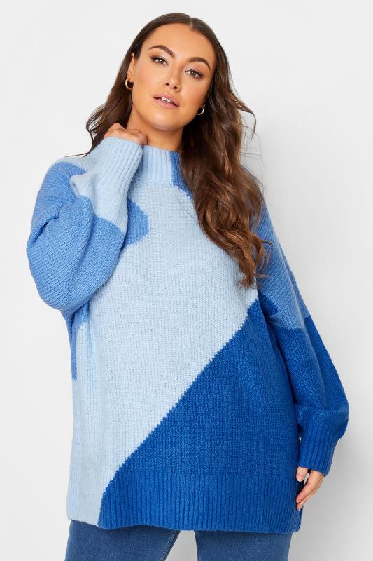 Plus Size  YOURS Curve Blue Colour Block Knitted Jumper