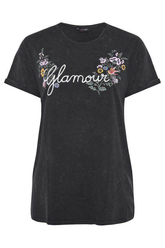 Curve Black 'Glamour' Slogan Print Embroidered Top_F.jpg