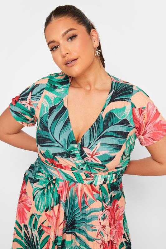 YOURS Curve Green & Peach Tropical Floral Print Wrap Dress | Yours Clothing 4